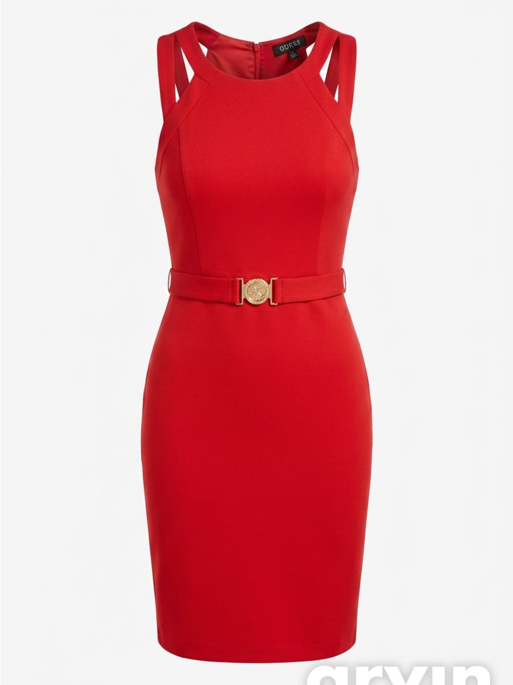 Guess Red Sleeveless Midi Dress with Gold Buckle